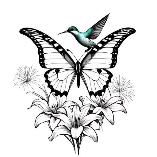 swallowtail butterfly with hummingbird silhouette, fireworks and lily flowers tattoo design idea