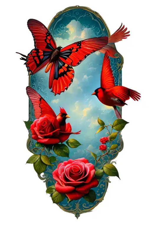 butterflies,roses,2 red cardinal flying towards tattoo design idea
