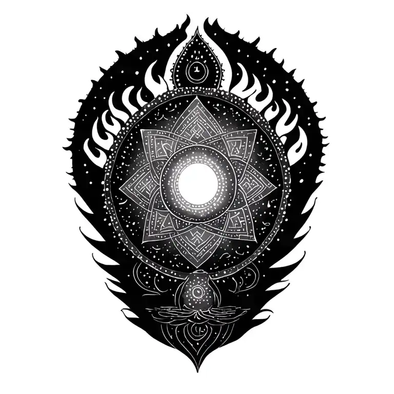 sri chakra yantra surrounded by sudharsana chakra sparkling flames equally on all sides tattoo design idea