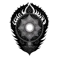 sri chakra yantra surrounded by sudharsana chakra sparkling flames equally on all sides tattoo design idea