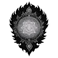 sri chakra yantra surrounded by sudharsana chakra sparkling flames equally on all sides tattoo design idea