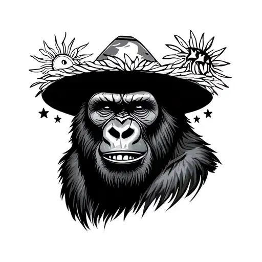 gorilla wearing rice hat with war wounds showing his teeth with Filipino sun and stars  tattoo design idea