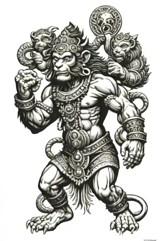 Hanuman with 3 heads(lion ,monkey,shiva) and six arms royalty heraldry tattoo design idea