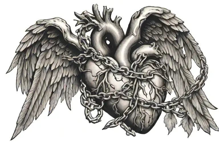 an anatomical heart with wings breaking free from chains symbolising freedom flying away from broken chains tattoo design idea