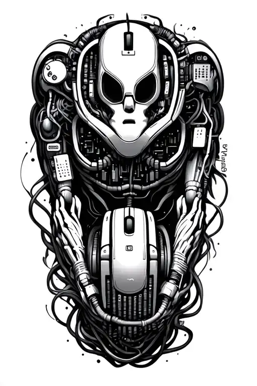 Design a tattoo of a human boody made with computer parts plugged into a keyboard and mouse tattoo design idea