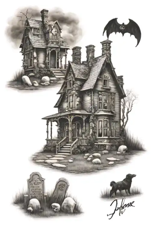 haunted gothic house with headstones in the yard  tattoo design idea