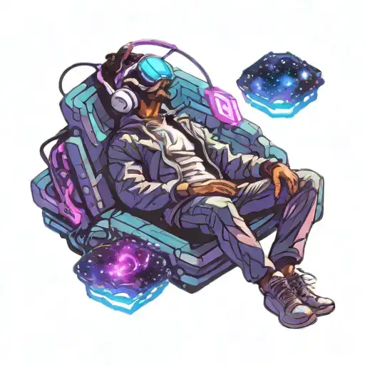 A traveler floating in the vast space of his mind, wearing a modern headset. His body glows with shades of electric blue and neon violet. Waves of energy flow from the headset, forming abstract shapes around him. In the background, surreal landscapes emerge: a sea of stars, floating mountains, and glowing fragments of memories. The scene feels futuristic, immersive, and dreamlike, evoking a journey through music and inner thoughts tattoo design idea