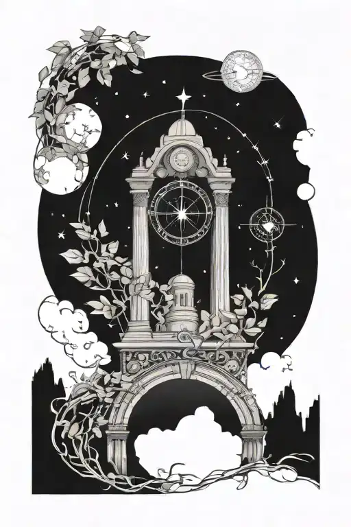 arch monument with wrapping vine, compass, and space constellation.  tattoo design idea