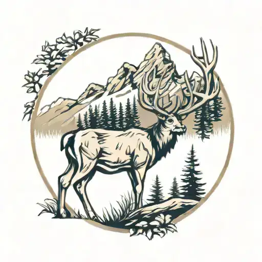 mountains and a whitetail buck standing in woods tattoo design idea