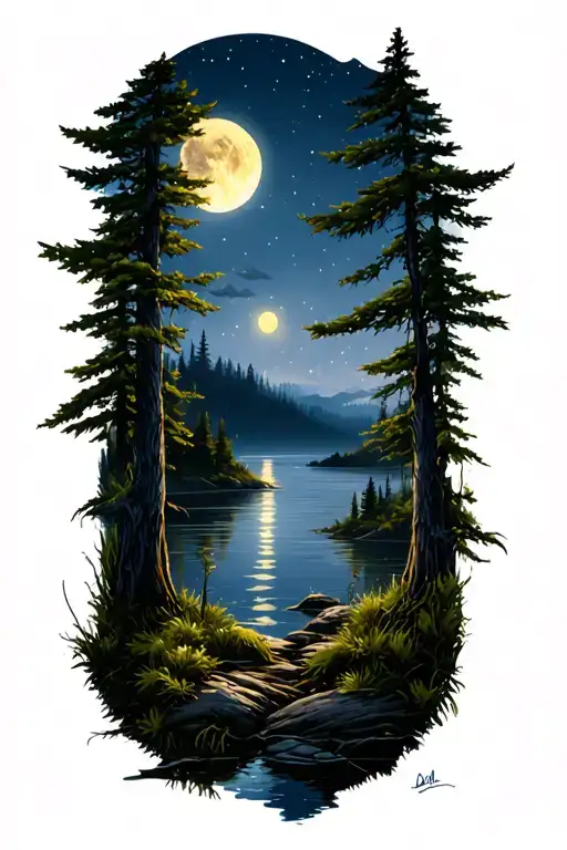 night time Outdoor Nature Scene tattoo design idea