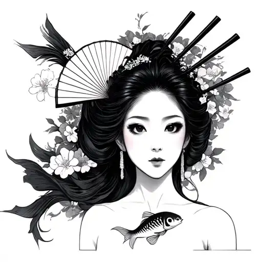 a gashia with a fan, cherry blossoms, chopsticks in her hair, mythical with koi fish tattoo design idea