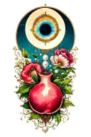 Art Nouveau tarot oracle with third eye moon pomegranate pearls florals Gemini  II tattoo design idea