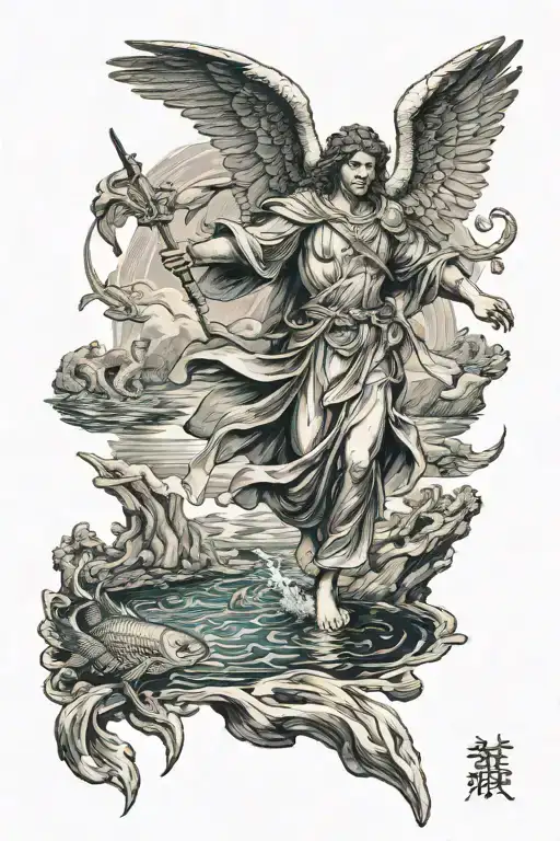 archangel Raphael wearing robe holding staff wings spread at a river with fish jumping in background tattoo design idea
