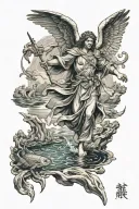 archangel Raphael wearing robe holding staff wings spread at a river with fish jumping in background tattoo design idea