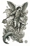 archangel Raphael wearing robe holding staff wings spread at a river with fish jumping in background tattoo design idea