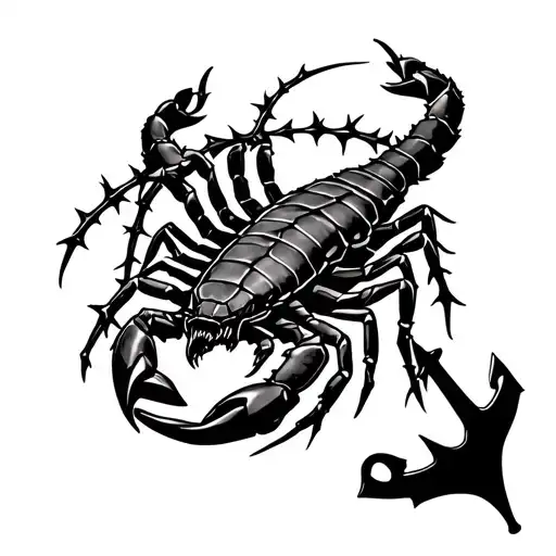 A scorpion surrounded by crowns of rose thorns and an anchor. tattoo design idea