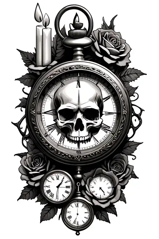 3 pocket watches,  1 compass, 1 skull with candle on it surrounded with roses, thorny vines tattoo design idea