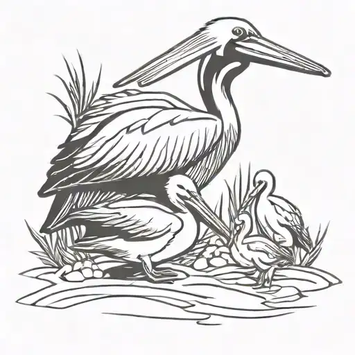 Pelican and young chicks tattoo design idea