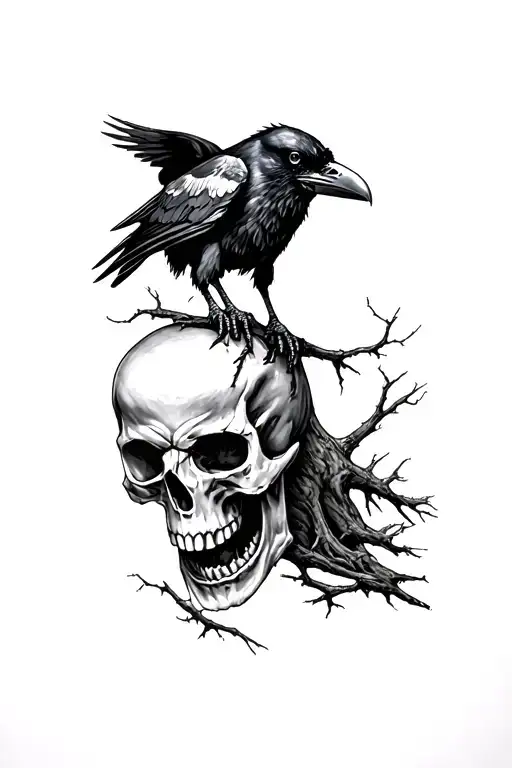 skull and angry raven in the woods tattoo design idea