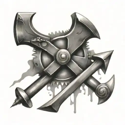 half a gear with an anvil and a hammer in the middle tattoo design idea