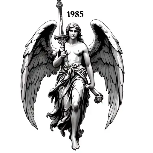 Fallen Angel holding a sword Roman style with Roman numerals for the year 1985 tattoo design idea