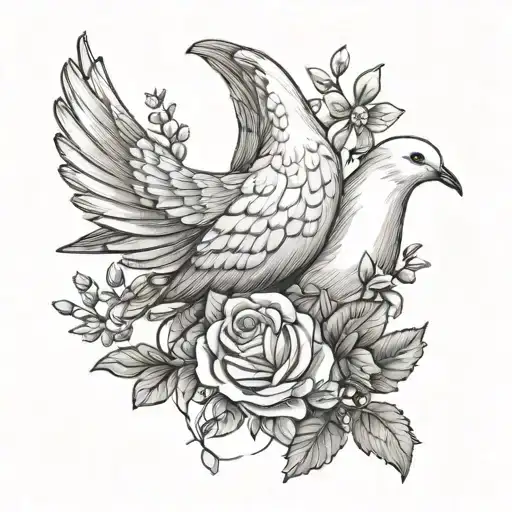 A white dove laying in a bochet of flowers intertwined with the sentince short stop on the bird tattoo design idea