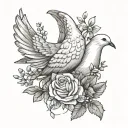 A white dove laying in a bochet of flowers intertwined with the sentince short stop on the bird tattoo design idea