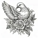 A white dove laying in a bochet of flowers intertwined with the sentince short stop on the bird tattoo design idea