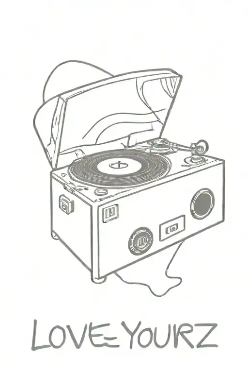 A minimalist tattoo of a vintage record player with a banner that says 'Love Yourz' tattoo design idea