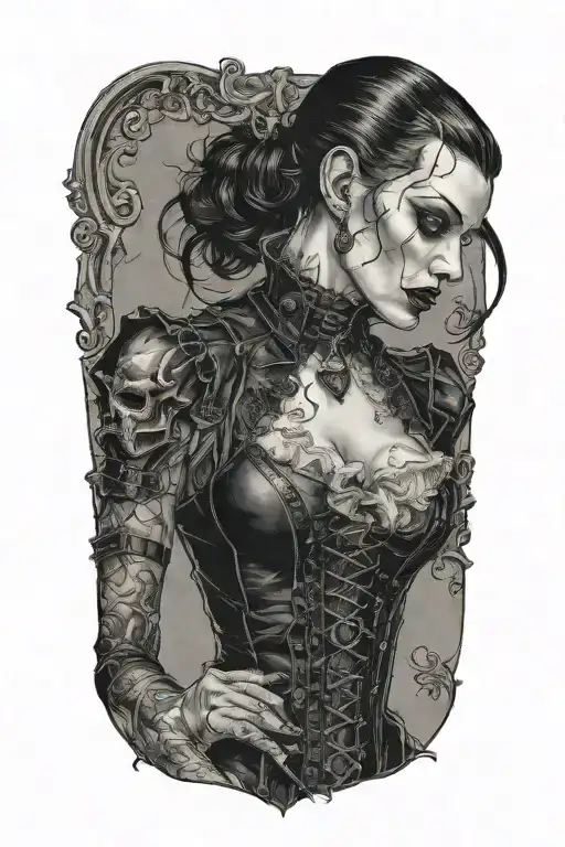 male vampire bitting neck of gothic pinup girl wearing corset and fishnets tattoo design idea