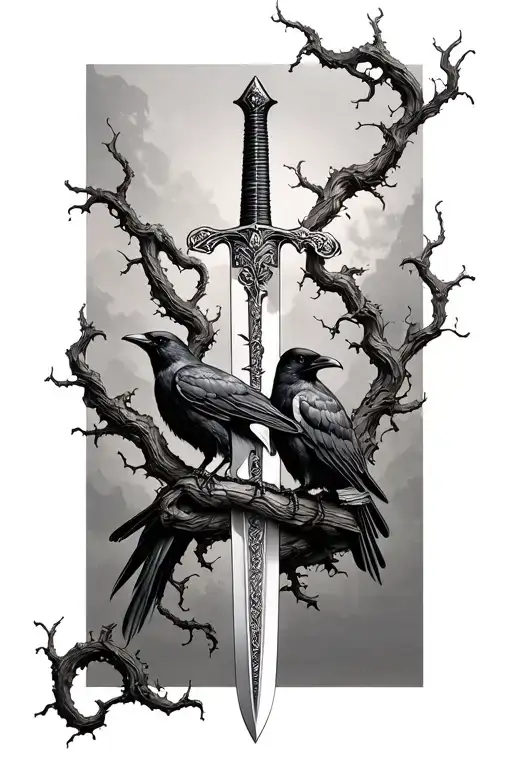 thin swords wrapped in thin vines crows perched tattoo design idea