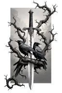 thin swords wrapped in thin vines crows perched tattoo design idea