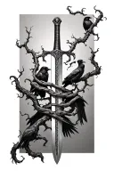 thin swords wrapped in thin vines crows perched tattoo design idea