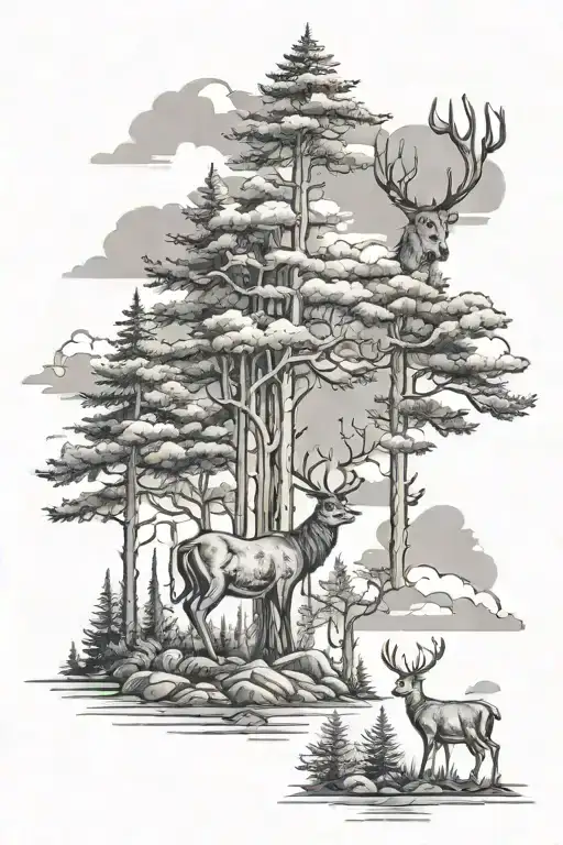 deer pine trees clouds forest scene with a hidden indian tattoo design idea