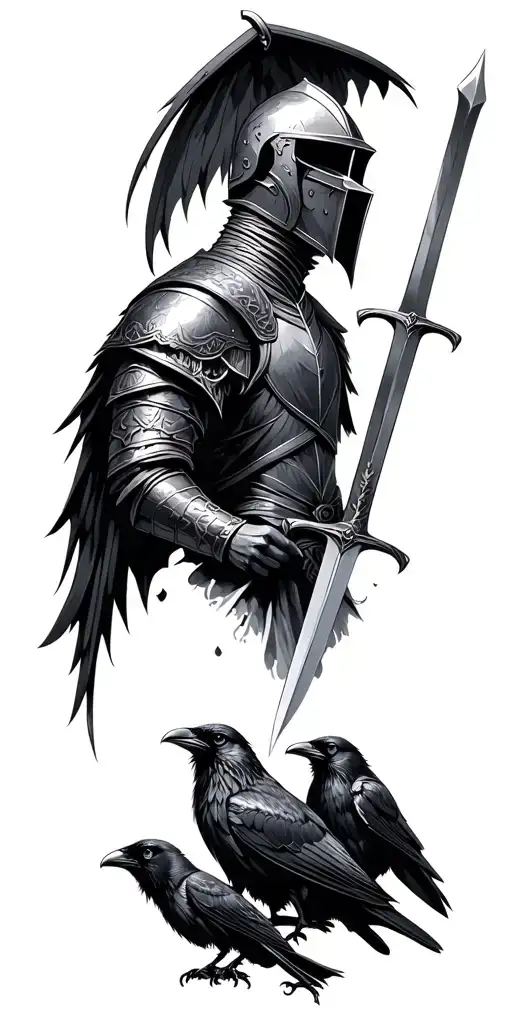 on the shoulder there is a knight in a helmet holding a sword in his hands, and below sit crows with black eyes tattoo design idea