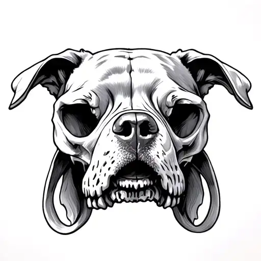 Create a drawing that replicates the original image but replace the main subject with a dog's skull. Ensure that the sty tattoo design idea