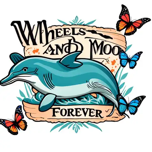 "Wheels and Moo forever " dolphin and butterflies  tattoo design idea