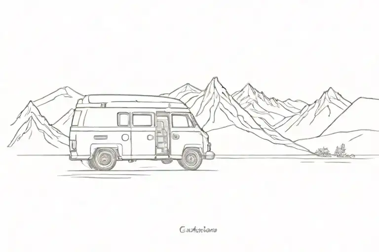 campervan through mountains tattoo design idea