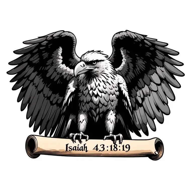 eagle soaring holding a scroll saying isaiah 43:18 19 with an illusion of an angel in the wings  tattoo design idea