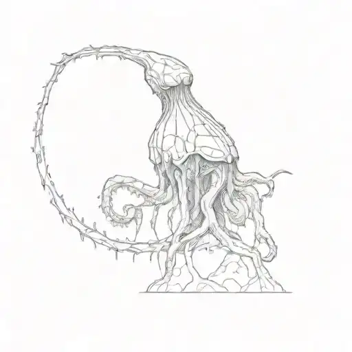 a large alien creature reaching far towards earth with spiky tentacles tattoo design idea