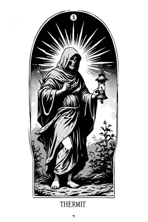 The hermit tarot card walking in darkness holding lantern with rays eminating from lantern. Skull face cloaked in hood tattoo design idea
