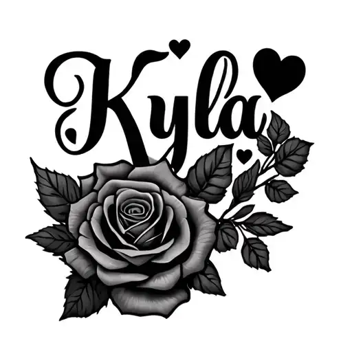 Create an artistic tattoo of the name "Kyla" with roses and hearts tattoo design idea