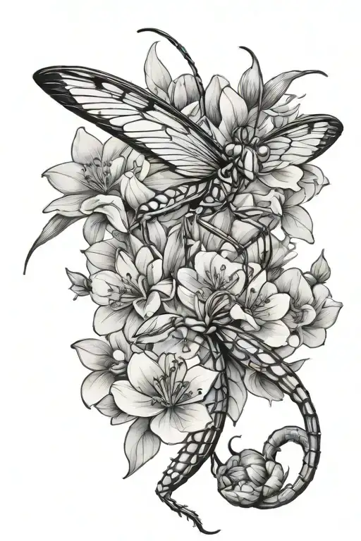 praying mantis and flower intertwined tattoo design idea