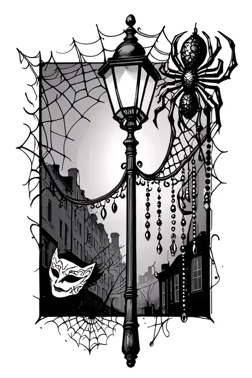simple french quarter lamp post with a spider web, hanging beads and Mardi gras mask tattoo design idea