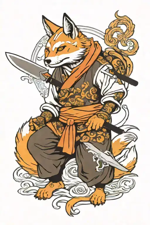 chef knife japan warrior kitsune sitting together tattoo design idea