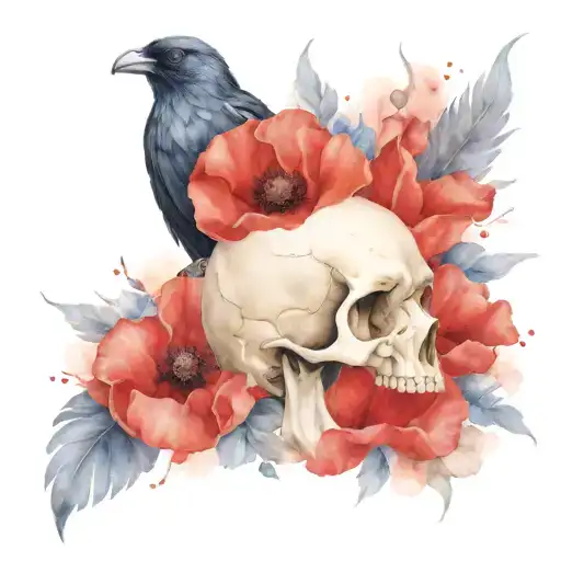 skull raven poppies blooming tattoo design idea