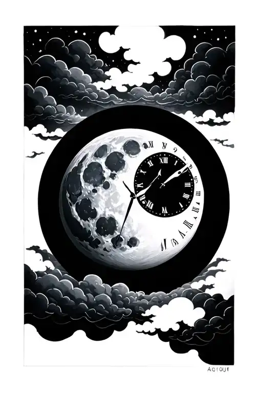moon that's a clock and clouds surrounding tattoo design idea