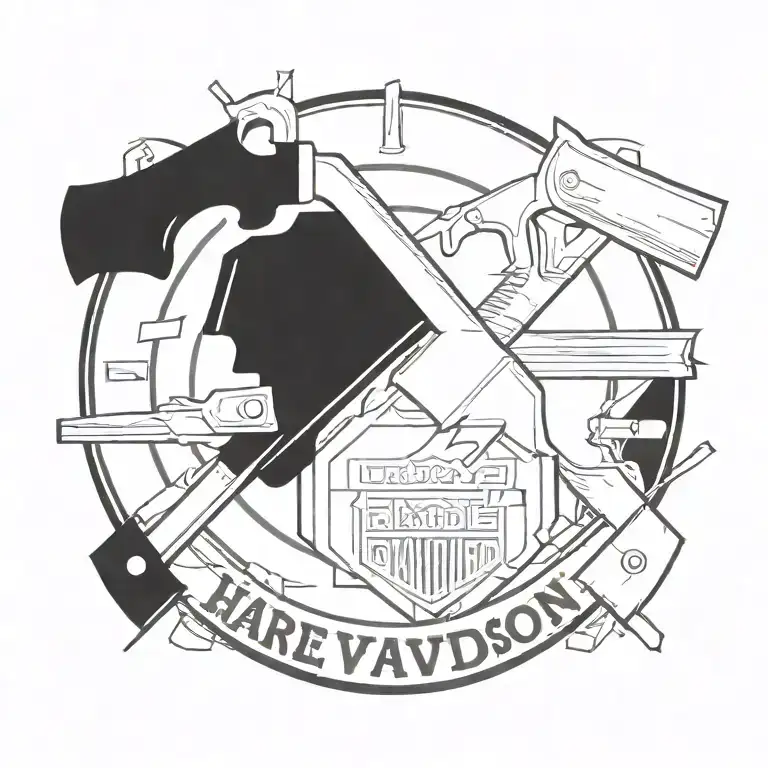 Combine elements of a Harley Davidson logo with a carpenter's hammer and nails in a blackwork style, representing your dual passions in a unique and artistic way. tattoo design idea
