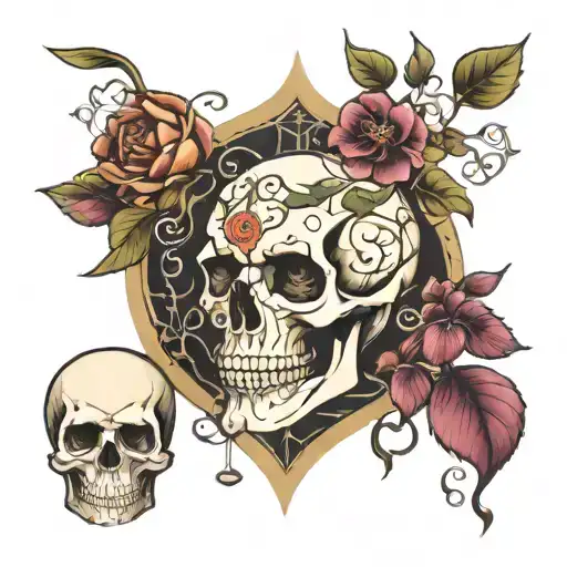 cracked skull, nails, vines, petals, eyes, the emperor tarot card style tattoo design idea