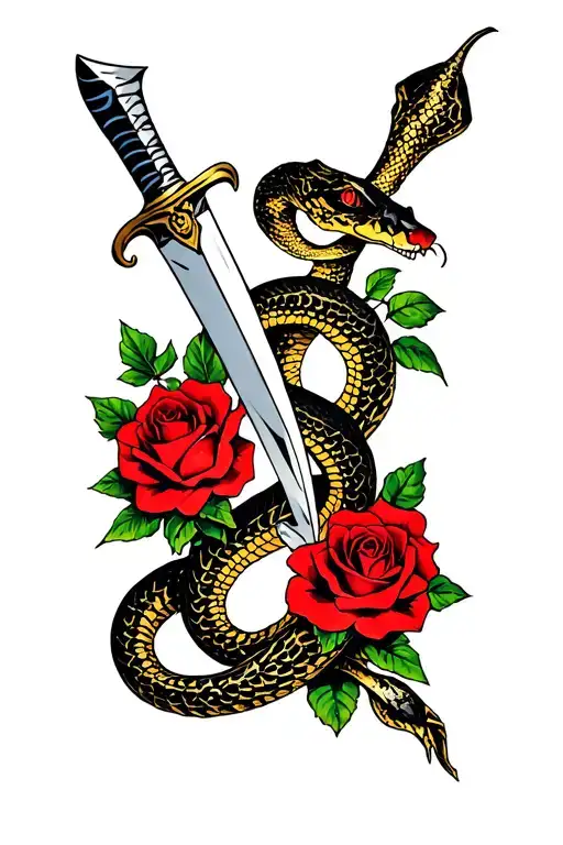 snake with dagger through it with a few roses tattoo design idea